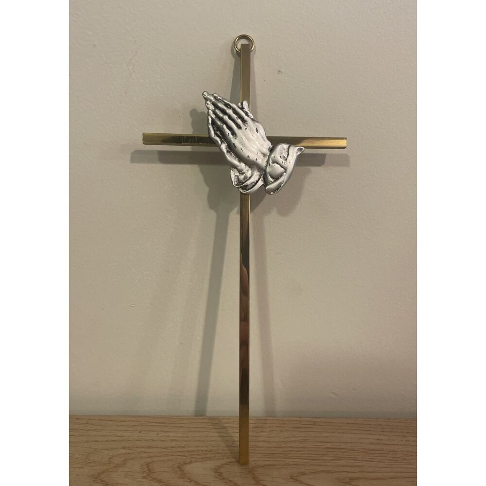 VTG 8” Two Tone Brass Praying Hands Wall Cross Christianity